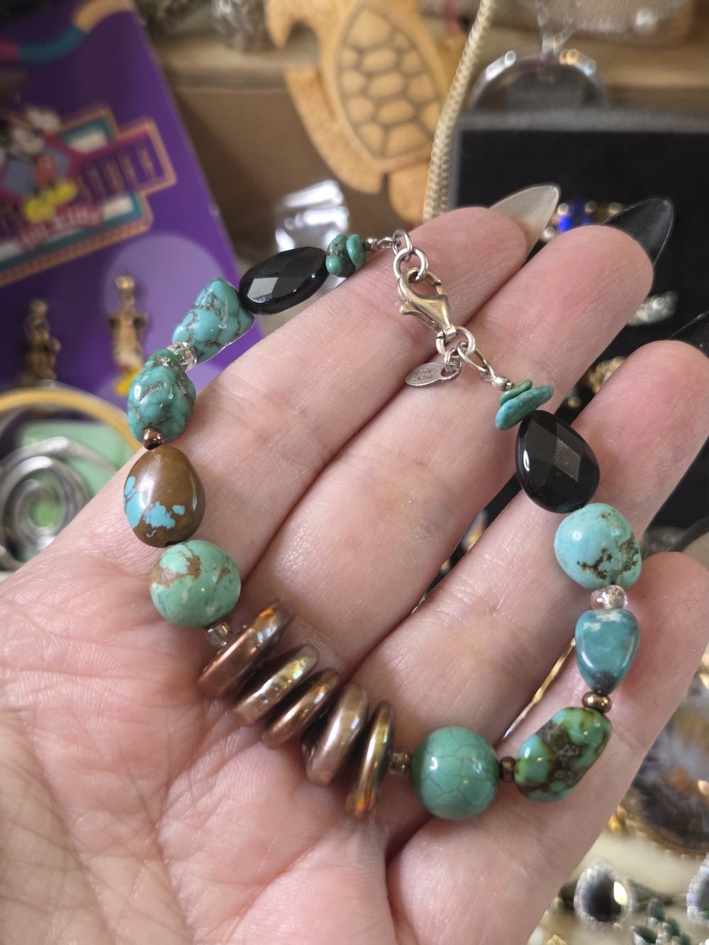 Peyote Bird Vintage Sterling Silver Turquoise and Bronze Pearl Women's Bracelet
